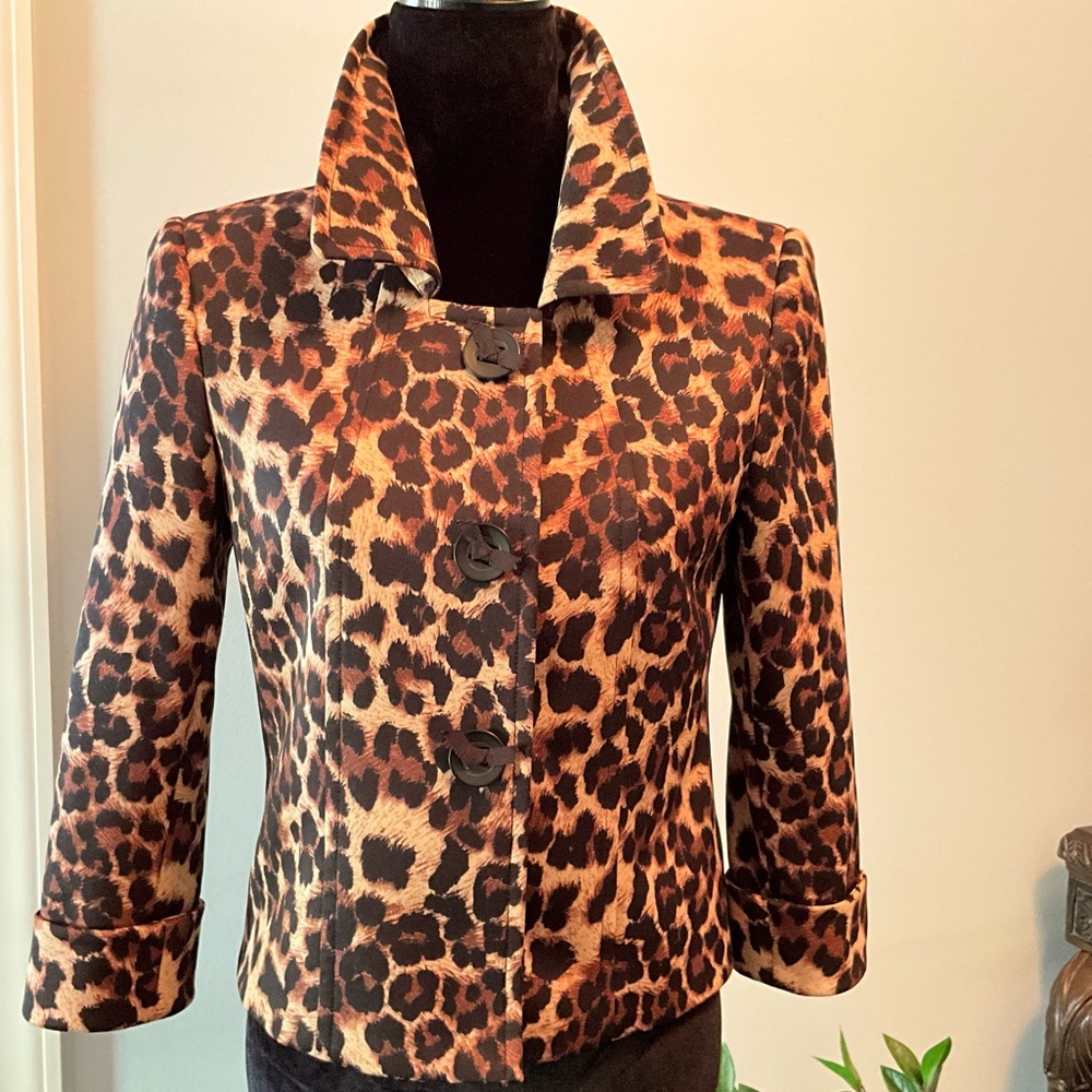 Tahari ASL Leopard Print Blazer Structured Jacket Business Profesional